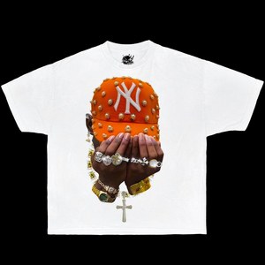 T-Shirt Oversize con Grafica Mano e Cappuccio Arancione, Streetwear da Uomo, Collo Tondo, Manica Corta, 100% Cotone Jersey, Stampa Digitale - Product Image 3