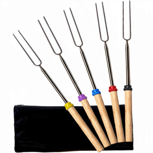 Fourchette de barbecue en acier inoxydable à long manche rétractable en bois, résistante à la chaleur, facile à nettoyer, ensemble d'outils de barbecue pour l'extérieur - Product Image 1