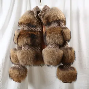 Winter Warm Women Jackets Full Pelt Thick Ladies Stand Collar Long Sleeve Natural Real Raccoon Fur Coats
