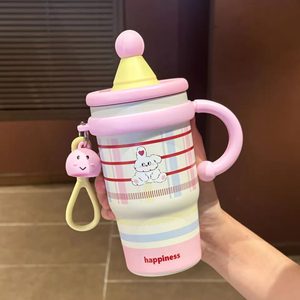 Nouvelle tasse isotherme pour femme, design attrayant, mignonne, avec paille, en acier inoxydable 316, motif dessin animé, pour étudiants - Product Image 6