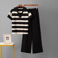 Ensemble deux pièces pour femmes tendance d'été, col polo, décontracté, rayé, haut en tricot à manches courtes, pull, pantalon ample, costume en tricot