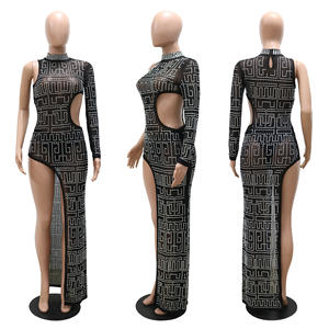 شبكة عارية حجر الراين الغريبة فساتين الكريستال الديكور فستان طويل السيدات ثوب الرسن فستان حفلة موسيقية - Product Image 3