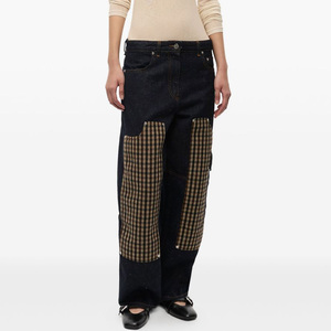 <span class=keywords><strong>Jeans</strong></span> a gamba larga a vita bassa da donna personalizzati di fabbrica con toppa scozzese pesante e ampia tasca laterale decorata pantaloni retrò dimagranti - Product Image 5