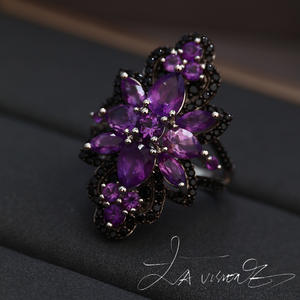 Bague en alliage incrustée d'améthyste et de spinelle noire de la série Counterattack, bijoux vintage pour anniversaire - Product Image 2