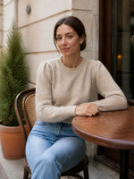 Pull en maille à col rond pour femme, coupe classique, couleur unie, avec détail manches bouffantes, pour tenues quotidiennes élégantes automne-hiver