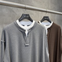 Automne/Hiver 280g Style Old Money Luxe Discret Uni Effet Deux Pièces Col Henley Coupe Ample Épaules Tombantes Respirant Anti-boulochage