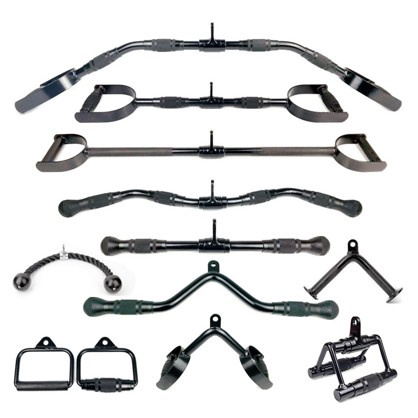 Triceps Pull Down Attachment - LAT Pulldown Pulley System - Includes V-Shaped Press Down Bar, Tricep Rope, Exercise & Double D Handle, Rotating Straight Bar And Snap Hooks - Perfect Home Gym