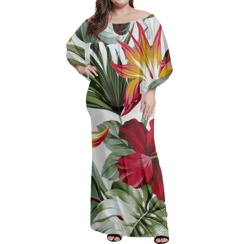 Ada tarzı hawaii tropikal çiçek baskı günlük elbiseler özel artı boyutu parti elbise kapalı omuz kadınlar büyük pançolar elbise