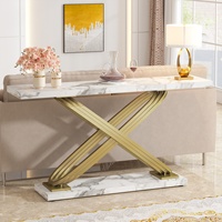 Table de canapé longue moderne Tribesigns avec base en métal géométrique derrière le canapé Tables console en faux marbre doré