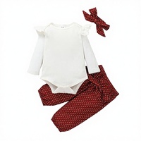 Combinaison à manches longues de style nouveau, 95% coton, pantalon à pois et accessoires pour cheveux avec nœud, ensemble 3 pièces avec fermeture à boutons pression pour bébé