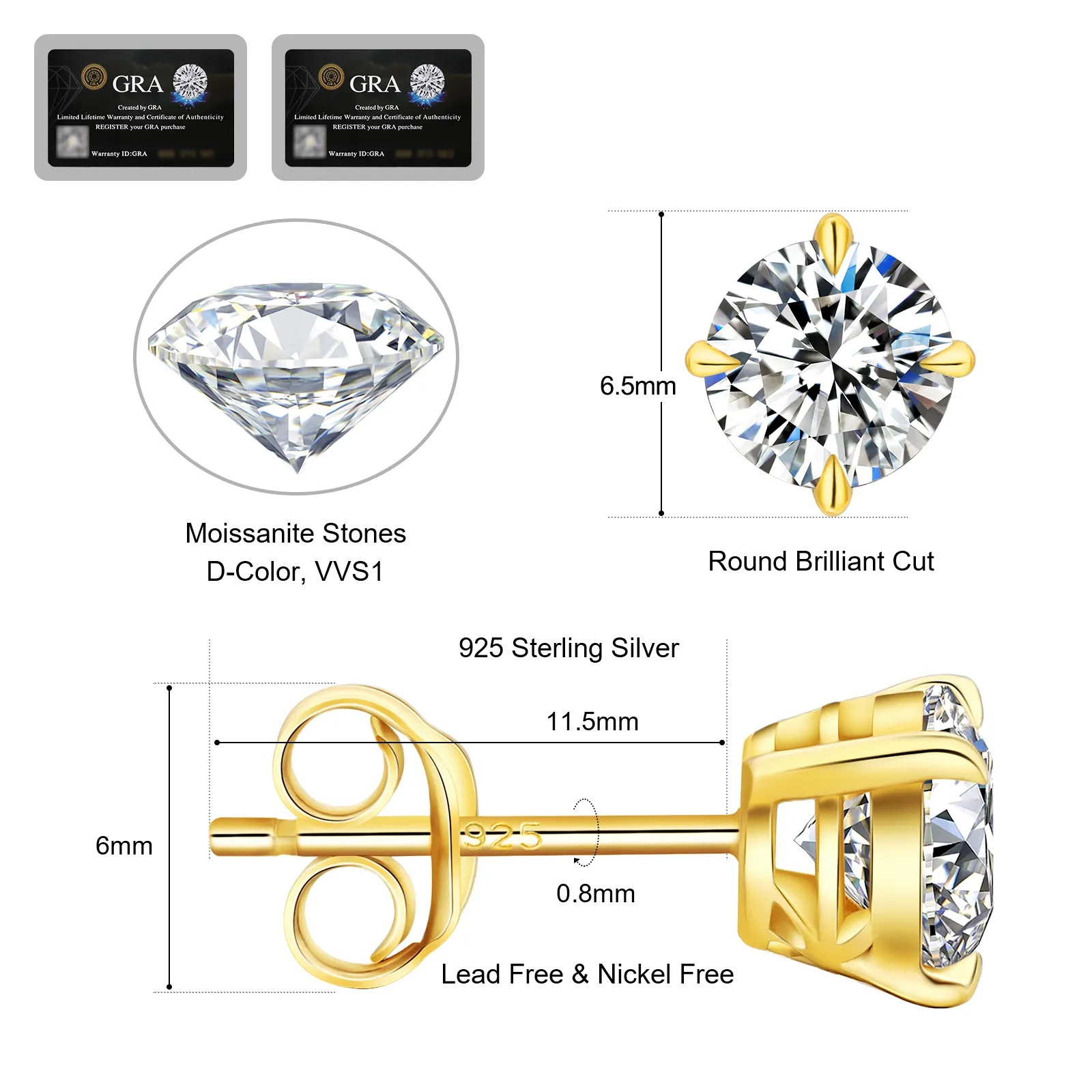 KRKC 도매 VVS1 0.5ct0.6ct0.8ct1.0ct925 스털링 실버 다이아몬드 남성 귀걸이 모이사나이트 웨딩 스터드 신부를 위한 귀걸이