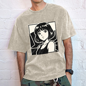 T-shirt vintage délavé pour homme, style rétro années 90, avec motif graphique <span class=keywords><strong>manga</strong></span> 'Short Bob Girl', esthétique japonaise, streetwear décontracté en coton - Product Image 5