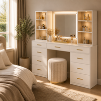 Coiffeuse moderne avec miroir LED, rangement multi-tiroirs, étagère ouverte et tabouret pour chambre à coucher