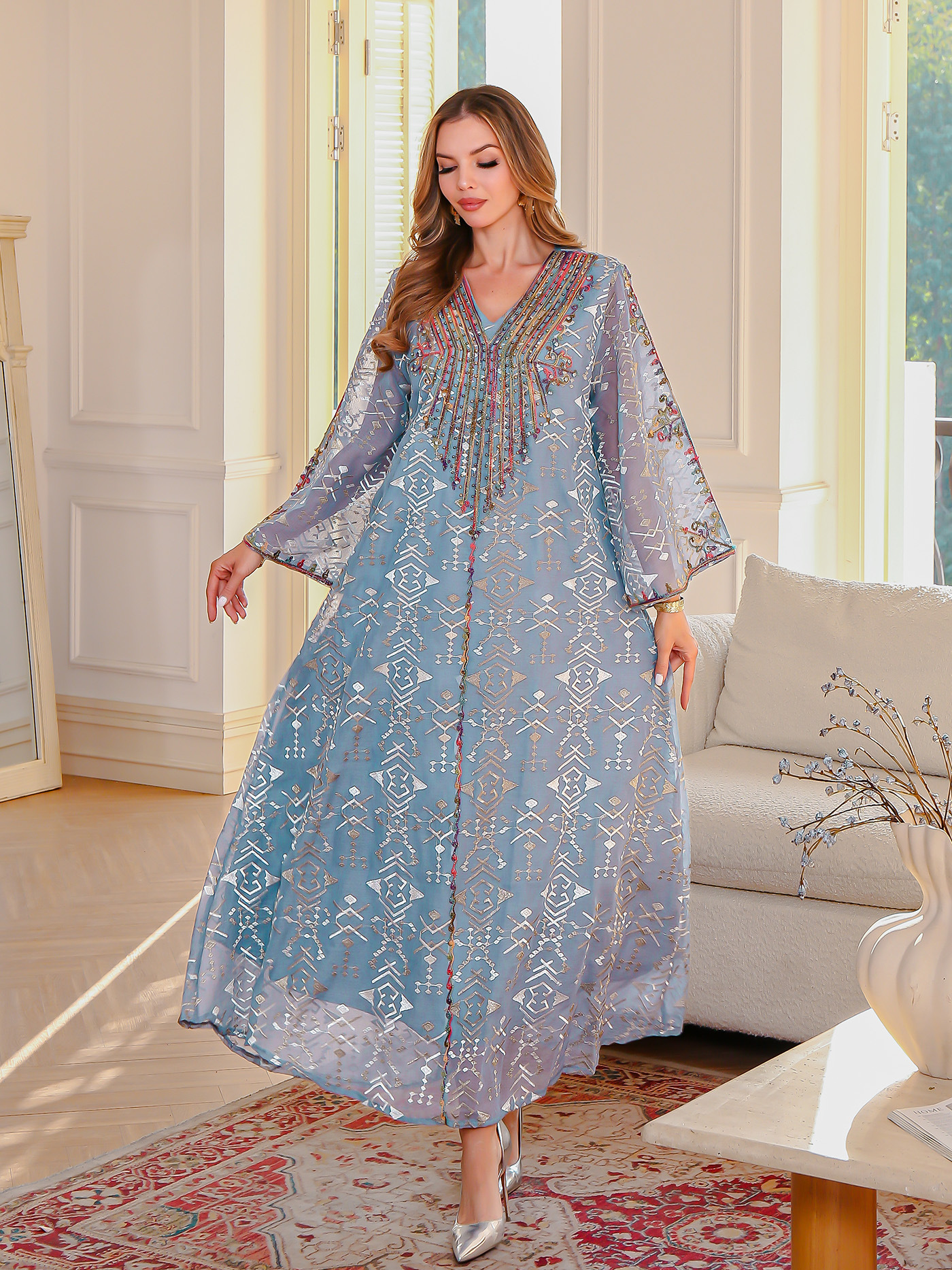 Bohemian Floral Embroidered Kaftan Heavy Neck Embroidery Long Sleeves Maxi  Length V-Neck Straight Beach Dress Made Rayon Chiffon| Alibaba.com