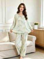 Pyjama décontracté en fibre de bambou pour femme, taille élastique, haut à manches longues et pantalon fin, imprimé floral, col pull, respirant, printemps/automne
