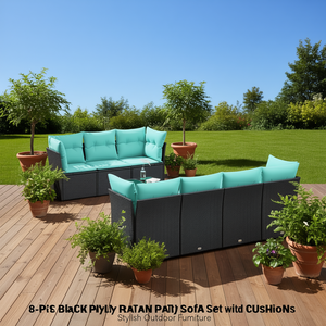 Ensemble de canapés de patio en polyrotin noir, 8 pièces avec coussins, mobilier d'extérieur moderne - Product Image 2