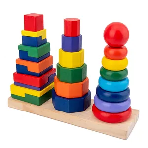 Giocattoli di legno all'ingrosso Montessori cognizione educativa Eco-friendly tre colonne blocchi arcobaleno torre per bambini a