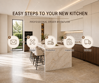 Ensemble d'armoires de cuisine modulaires KEJIA, style moderne minimaliste sans poignées, deux tons crème et grain de bois, avec îlot central