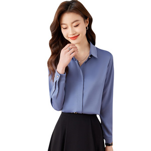 Women's Solid Color Suit Set With Base Shirt Autumn Long Sleeve Blue Polyester Satin Fabric - Product Image 5