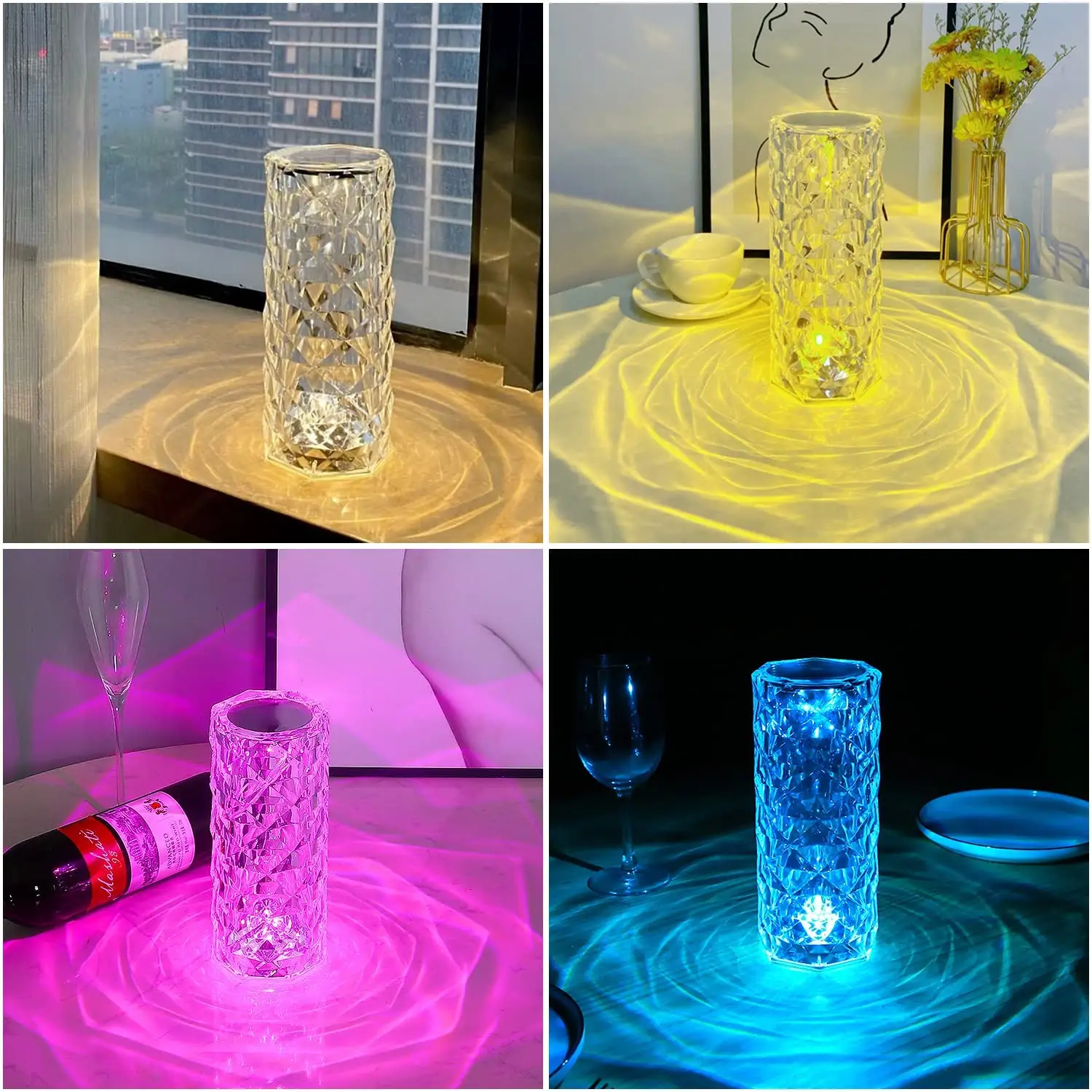 Lampe de table de bar en cristal 3D Creative Visual rose Led diamant veilleuse chevet contrôle tactile pour décorer le bureau