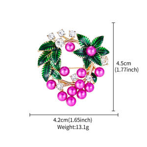 여성용 금도금 과일 체리 & 마젠타 진주 브로치 그린 에나멜 잎 모조 모조 라인 석 패션 쥬얼리 - Product Image 2