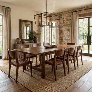 Mesa de comedor rectangular de estilo rústico hecha de dos tablones de madera maciza, que combinan una construcción robusta y la textura natural del madera. - Product Image 5