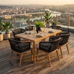 Conjunto de Mesa de Comedor de Teca Minimalista Contemporáneo para Exteriores con Sillas Tejidas Negras para Muebles de Hogar, Patio, Jardín, Terraza - Product Image 2