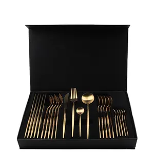 Conjunto de talheres banhados a ouro, 24 peças, aço inoxidável, para 6 pessoas, conjuntos de presente com faca premium, garfos e colher
