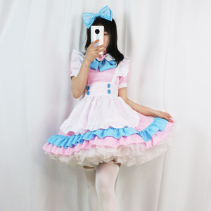 Lolita Maid Dress Pink Blue Ruffle Skirt With Big Bow Cosplay Costume For Anime Role Play Women Plus Size - Product Image 1