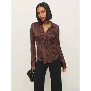 Camicetta autunnale aderente in stile acetico da donna con bottone a scollo a V lungo stampato Casual stile ufficio a righe - Product Image 3