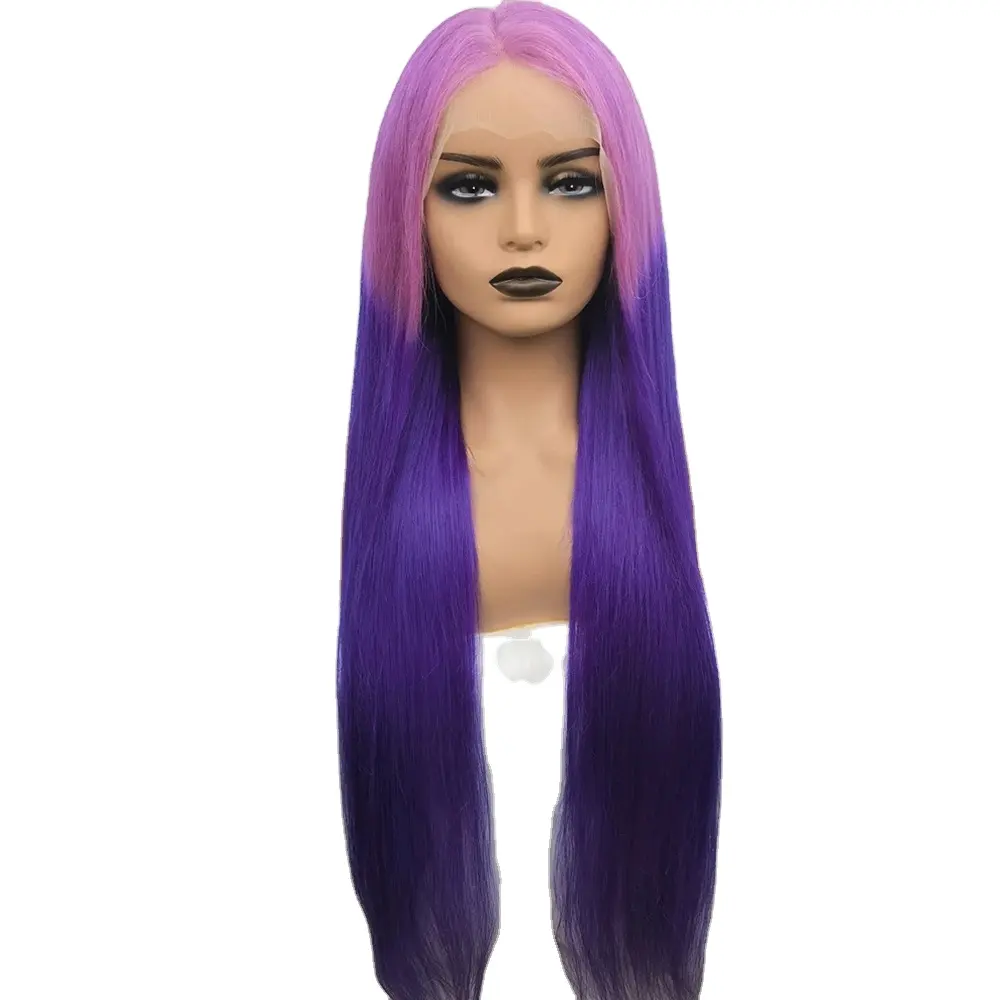 Rambut manusia lurus panjang rambut ungu Ombre untuk wanita rambut bagian tengah tahan panas pesta Wig sehari-hari