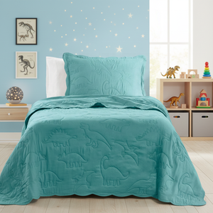 Lindo Juego <span class=keywords><strong>de</strong></span> Cubrecamas Moderno y Duradero con Estampado <span class=keywords><strong>de</strong></span> <span class=keywords><strong>Dinosaurios</strong></span> en Color Verde Azulado, Cubrecama <span class=keywords><strong>de</strong></span> Microfibra Ultra Suave para Niños con Borde Ondulado - Product Image 6