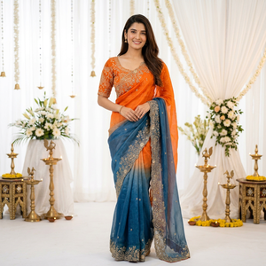 Sari de Seda Bordado en Azul y Naranja de AARA Fashion para Mujer, Estilo Tradicional Indio/Pakistaní para Bodas, Largo hasta el Suelo, Corte Regular - Product Image 1