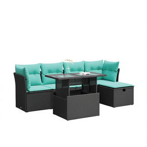 Ensemble de canapés de patio en polyrotin noir, 6 pièces, avec coussins, meubles de jardin, sièges d'extérieur - Product Image 1