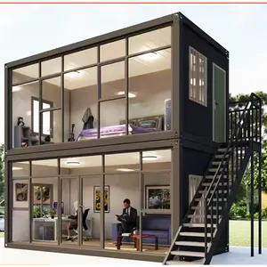 Container House 20ft Modular Prefabricated Container House 2 Storey Flat Pack Assemble House Glass Wall Custom Office Villa