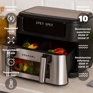 Freidora de Aire Doble Grunkel de 10L y 2800W con Pantalla Digital y Dos Compartimentos para Cocinar Pollo y Papas Fritas - Product Image 2