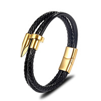 Bracelet en cuir PU tressé noir pour homme avec fermoir en forme de flèche plaqué argent, style classique, cadeau de bijoux