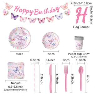 Nouveautés : Vaisselle jetable pour fête d'<span class=keywords><strong>anniversaire</strong></span> d'enfants sur le thème des papillons roses et violets, assiettes en papier, nappe, dessin animé - Product Image 5