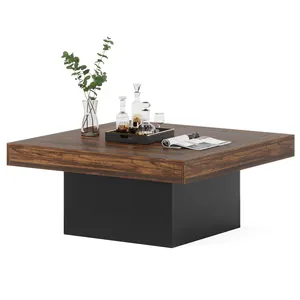 Tribesigns Smart Square Desk Coffee Table with LED Lights Farmhouse Low Coffee Table with Engineered Wood with Unique Design