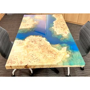 Meja Makan resin epoksi kayu solid biru laut bahan popler emas Jepang