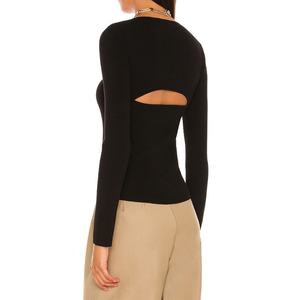 เสื้อสเวตเตอร์แขนยาวคอวีเซ็กซี่สำหรับผู้หญิงทันสมัย สีดำ ผ้าถักริบบ์ - Product Image 3