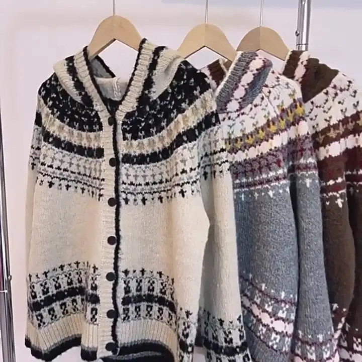 Custom Vintage Geometric pattern Hooded Sweater Women Wholesale Fashion Long Sleeve Knitted Jacquard Sweaters Coat
