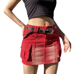 Rok Denim Merah Wanita, Rok Denim Merah Nostalgia Pendek Kasual Saku Vintage untuk Wanita