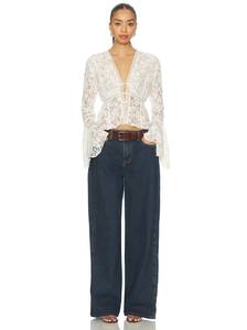 <b>Women's</b> White Creamy Y2K Babe-style Sheer Sexy Ruffled Trumpet <b>Sleeve</b> Lace Deep V Neck Waist-fitted Summer ODM <b>Cardigan</b> Blouse - Product Image 4