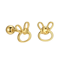 Boucles d'oreilles clous mignonnes en argent sterling 925 plaqué or 14K, motif lapin, dos plat, clous d'oreilles lapin en argent 925