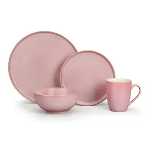 Pink Colored Ceramic Tableware Set Home Serving Dinnerware Set 16 piece Round Stoneware Dinner Set with Gold Rim Plate and Bowl