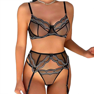 Ensemble de lingerie en dentelle à mailles pour femmes, vêtements de couleur unie, sous-vêtements érotiques, ensembles de lingerie sexy 2 pièces - Product Image 1