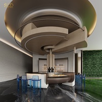 Kiosque à café circulaire avec base en terrazzo, plateau en MDF perforé, auvent en bois, dessus en verre, éclairage LED, design écologique pour centre commercial
