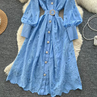 Robe décontractée élégante pour femme WIWT, coupe trapèze, broderie en dentelle, col à revers, manches longues, ceinture, boutonnée, longueur midi, pour un usage quotidien