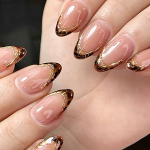 Uñas Postizas al por Mayor, 24 Piezas, Estilo Francés Almendrado, Diseño 3D <span class=keywords><strong>con</strong></span> Leopardo, Borde <span class=keywords><strong>Dorado</strong></span> Brillante, Uñas Falsas, <span class=keywords><strong>Manicura</strong></span> <span class=keywords><strong>Francesa</strong></span> - Product Image 1